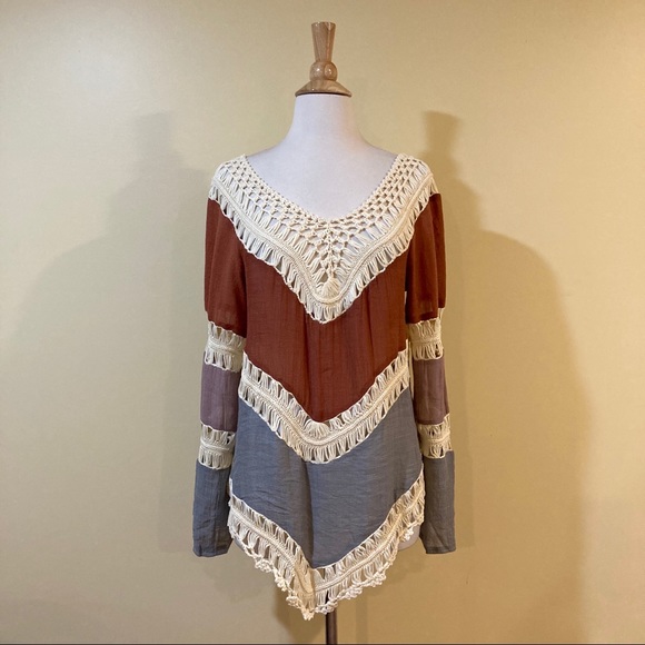 Boho Open Crochet Color Block Beach Coverup Tunic - Picture 4 of 7